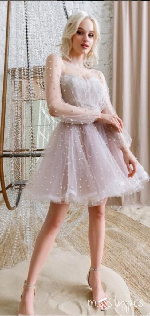 Princess Pink Tulle Pearl A-Line Full Sleeve Women Mini Party Homecoming Dresses,HM243