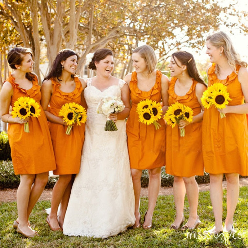 Cute Orange Ruffle Scoop-Neck Tea-Length Bridesmaid Dresses Online, BL45