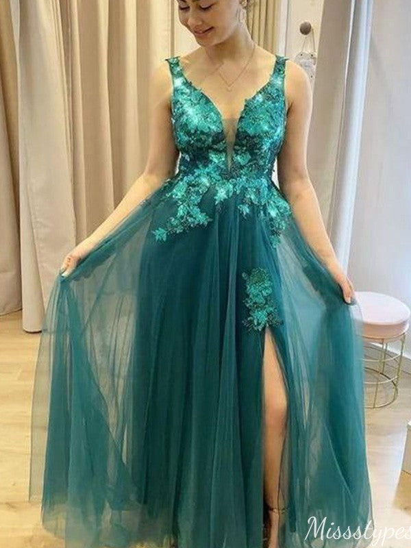 Unique V-neck Notched A-line Long Prom Dress Ideas, Evening Party Dresses,ZX1155
