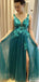 Unique V-neck Notched A-line Long Prom Dress Ideas, Evening Party Dresses,ZX1155