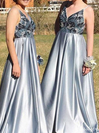 Elegant Spaghetti Strap V-neck A-line Long Prom Dress Ideas, Evening Party Dresses,ZX1165