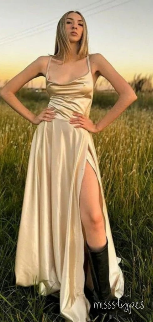 Sexy Gold A-line Spaghetti Straps Side Slit Long Party Prom Evening Dress,ZX188