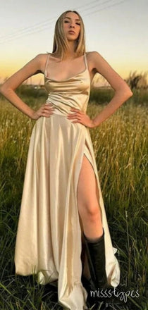 Sexy Gold A-line Spaghetti Straps Side Slit Long Party Prom Evening Dress,ZX188