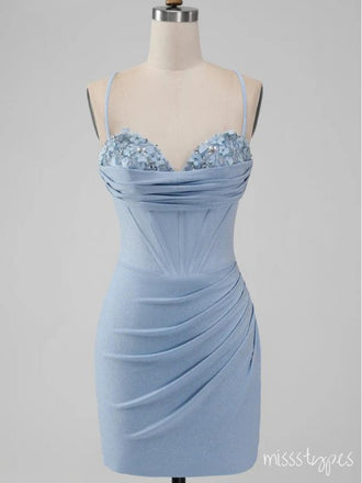 Women Blue Beading Sweetheart Pleat Sexy Mini Homecoming Dresses, HM81