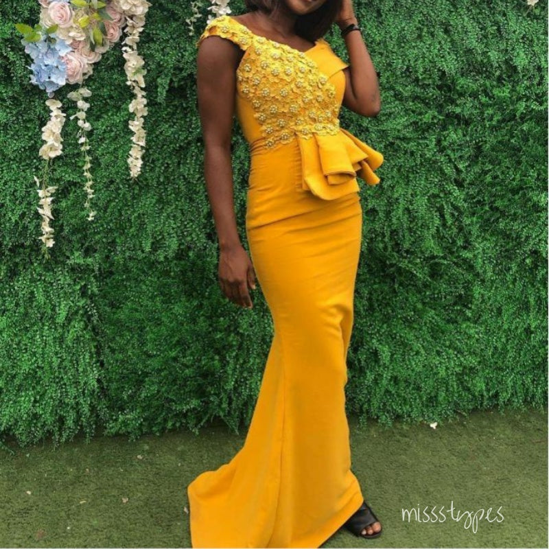 Unique Yellow Appliqued Mermaid Long Bridesmaid Dresses Online, BL91