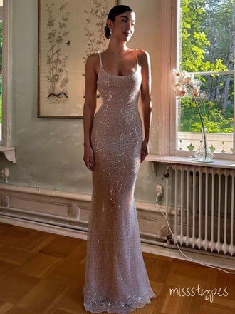 Sparkly Champagne Spaghetti Strap Mermaid Sheath Long Prom Evening Dress,ZX267