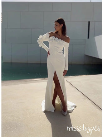 Elegant Flower White Off Shoulder Side Slit With Tail Mermaid Prom Dresses ZX22