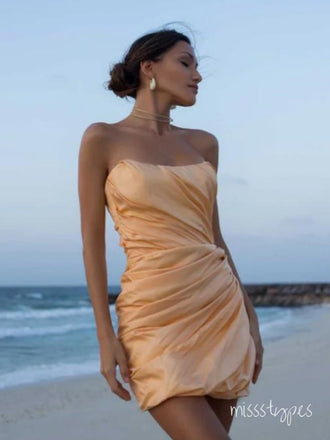 Simple Gold Strapless Pleat Mini New Arrival Homecoming Dresses,HM110