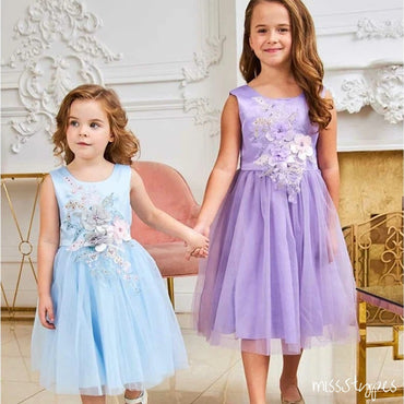 Beautiful Floral Printed Round-Neck Tulle Flower Girl Dresses With Flower Appliques, ET06