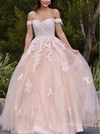Pink Tulle Charming Appliqued Off Shoulder A-Line Long Prom Evening Dress,ZX260