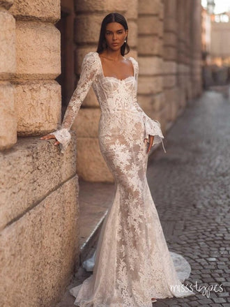 White Elegant Square Full Sleeve With Tail Appliqued Bodycon Mermaid Wedding Dresses HS34