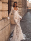 White Elegant Square Full Sleeve With Tail Appliqued Bodycon Mermaid Wedding Dresses HS34