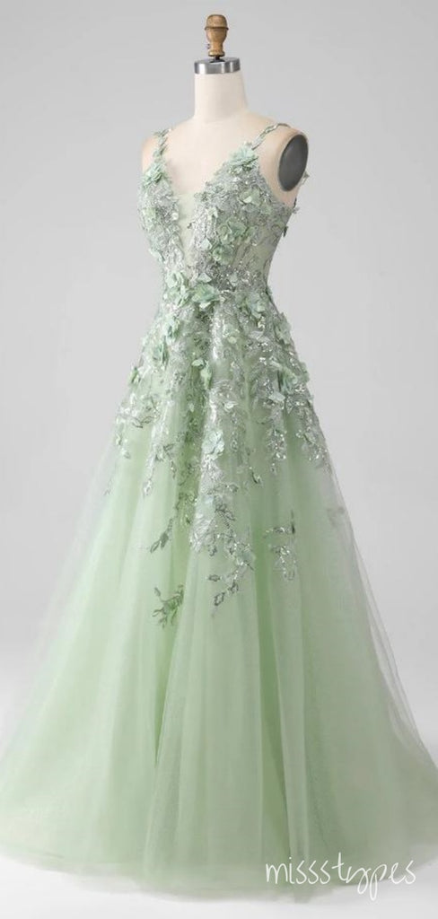 Green Princess A-Line Appliqued Floor-Length Fashion Prom Dresses,ZX180