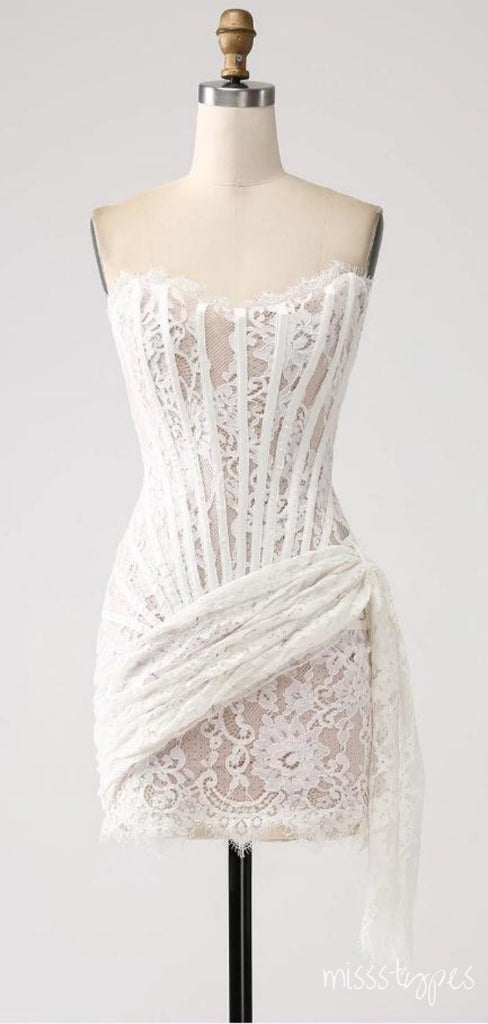 White Appliqued Herringbone Strapless Sexy Mini Homecoming Dresses, HM84