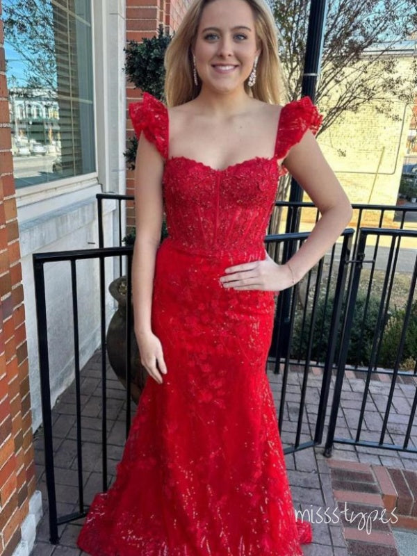 Hot Red Cap Shoulder Appliqued Square Mermaid Long Prom Evening Dress,ZX349