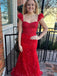 Hot Red Cap Shoulder Appliqued Square Mermaid Long Prom Evening Dress,ZX349