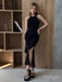 Black Elegant Halter Side Slit Tea-Length Long Prom Evening Dress,ZX313