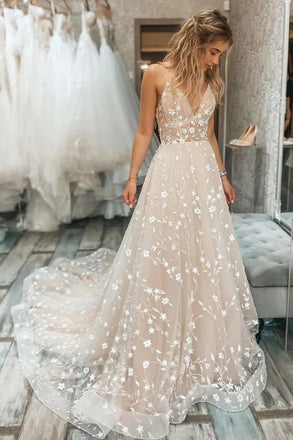 Gorgeous Champagne A-line V-neck Long Prom Dress Ideas, Evening Party Dresses,ZX461