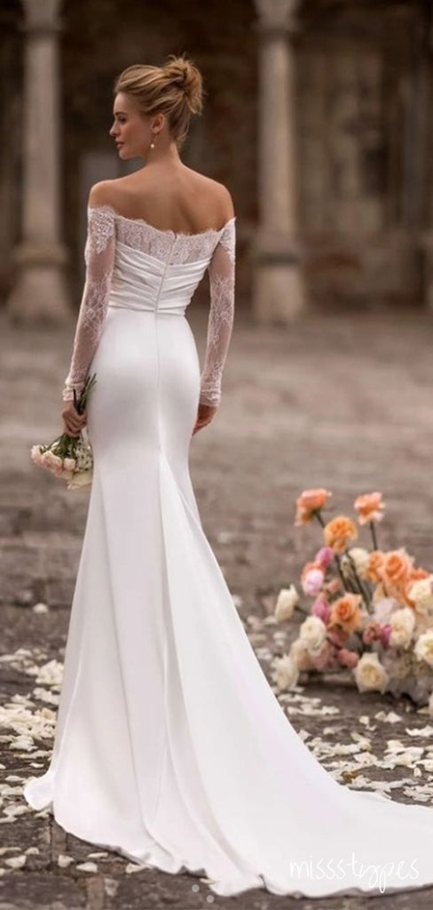 Simple White Straight Across Lace Pleat Appliqued Bodycon Mermaid Wedding Dresses HS35