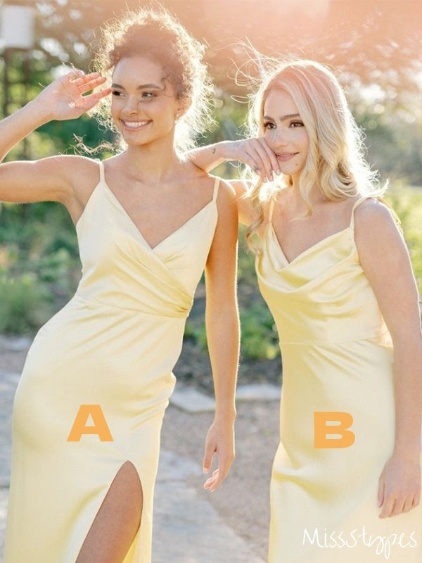 Simple Lemon-Yellow Mismatched Spaghetti Strap Pleat Homecoming Dresses, HM03