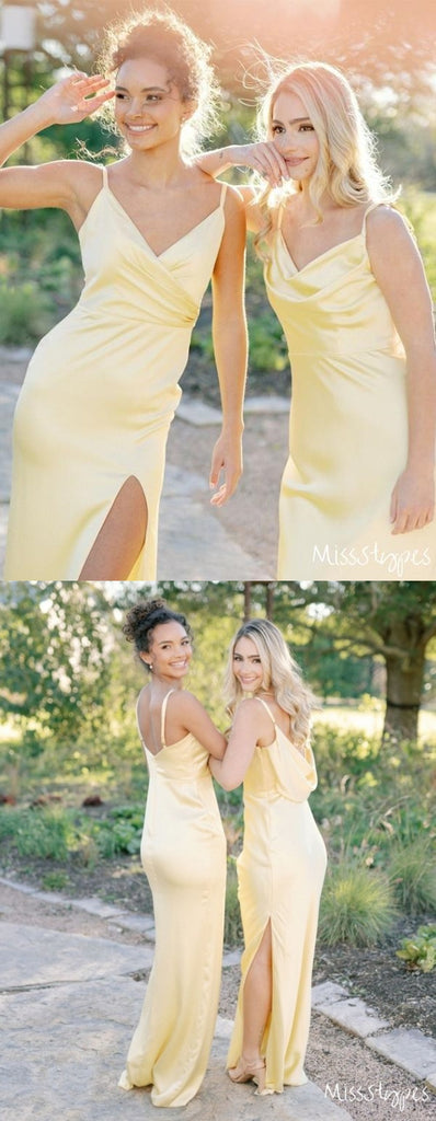 Simple Lemon-Yellow Mismatched Spaghetti Strap Pleat Homecoming Dresses, HM03