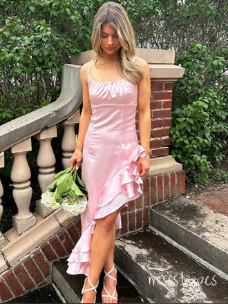 Pearl-Pink Mismatched Round-Neck Pleat Tea-Length Fashion Prom Dresses,ZX143