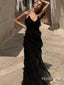 Elegant Black Ruffle Spaghetti Strap Floor-Length Fashion Prom Dresses,ZX140