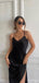 Elegant Black V-Neck Spaghetti Strap Side Slit Mermaid Long Prom Dresses,ZX42