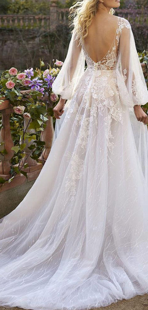 Off White Lace Elegant Backless Full Sleeve Appliqued Long A-Line Wedding Dresses HS41