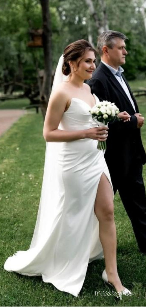 Simple Side Slit White Soft Sweetheart Popular Long Fashion Wedding Dresses,HS97