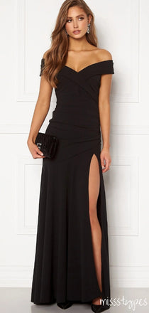 Simple Women Black Off Shoulder Side Slit Long Prom Dresses ZX19