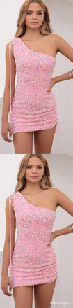 Simple Lady Pink One Shoulder Bodycon Homecoming Dresses, HM09