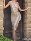 Unique Champagne One Shoulde Sleeve Pleat Side Slit Floor-Length Prom Dresses,ZX37