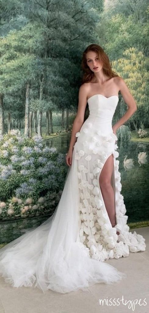 Sexy Flower Off-White Sweetheart Side Slit Long Wedding Dresses HS09