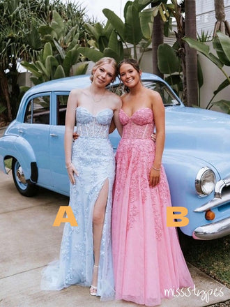 Cute Pink/Blue Appliqued Strapless Mismatched Floor-Length Prom Dresses ZX14