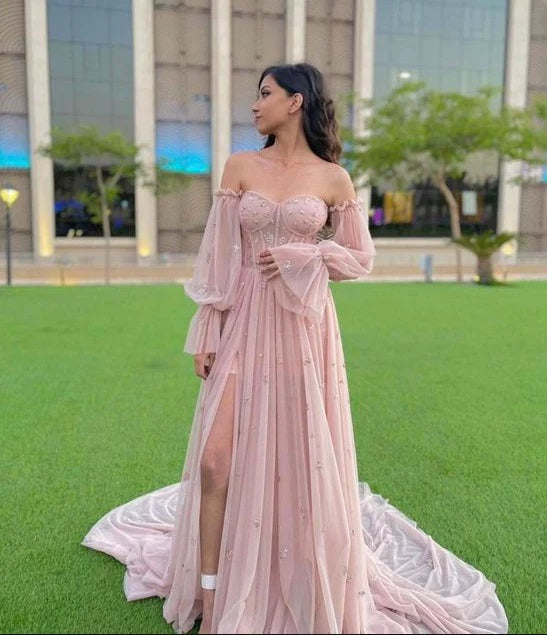 Gorgeous A-line Off Shoulder Long Sleeves Maxi Long Prom Evening Party Dresses,ZX417