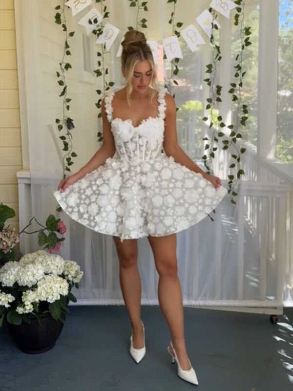 Elegant Floral White A-line Mini Short Party Homecoming Dresses,HM297