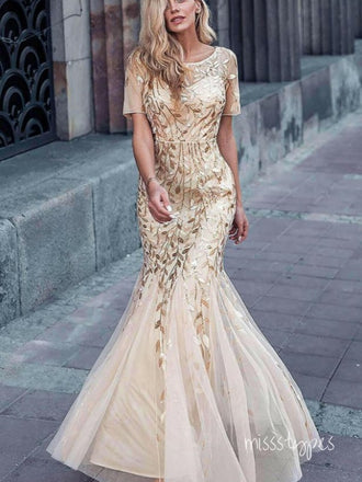 Luxurious Mermaid Champagne Mermaid Round-Neck Tulle Long Prom Evening Dress,ZX339