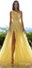 Bright Yellow Tulle Side Slit A-Line One Shoulder Long Prom Evening Dress,ZX342