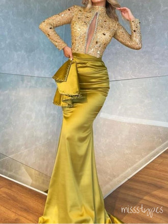 Luxurious Satin Lime-Green Full Sleeve Mermaid Long Prom Evening Dress,ZX345