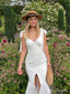 Cute Off-White Front Slit Spaghetti Strap Tea-Length Mermaid Prom Dresses,ZX46