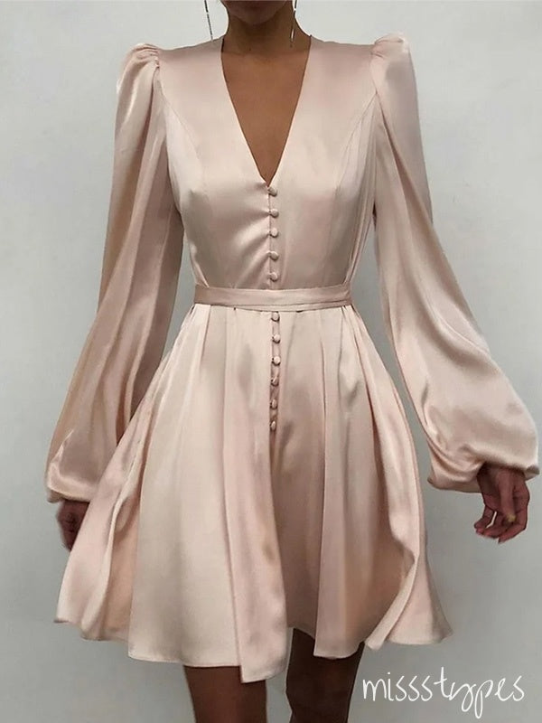 Champagne V-Neck Full Sleeve Vintage Modest Empire Mini Homecoming Dresses, HM49