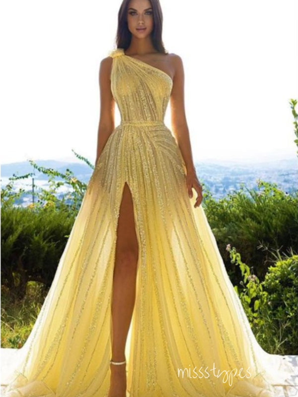 Bright Yellow Tulle Side Slit A-Line One Shoulder Long Prom Evening Dress,ZX342