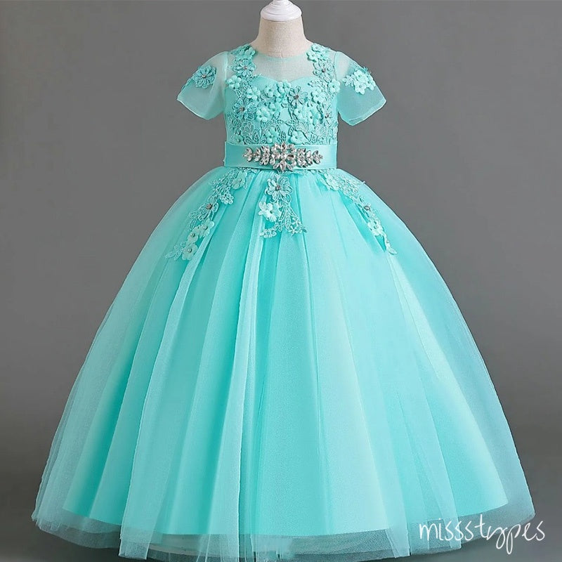 Beautiful Sky Blue Appliqued A-Line Tulle Elegant Little Flower Girl Dresses, ET40