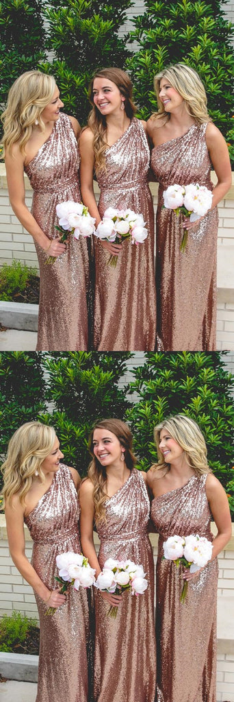 Champagne Sequin Sparkly One Shoulder Mermaid Empire Bridesmaid Dresses Online, BL128