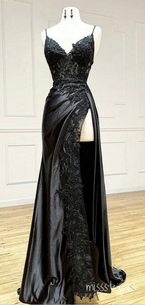 Sexy Appliqued Black Spaghetti Strap Side Slit Floor-Length Mermaid Fashion Prom Dresses,ZX166