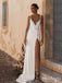 Beading White Soft V-Neck Side Slit Floor-Length Mermaid Wedding Dresses HS30