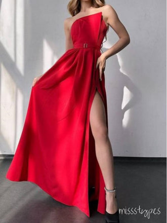 Scalloped Side Slit Red Mermaid Empire Satin Women Evening Prom Evening Dress,ZX247