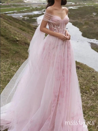 Dreamy Pink Off Shoulder Highwaist Empire Tulle Floor-Length Prom Dresses,ZX107