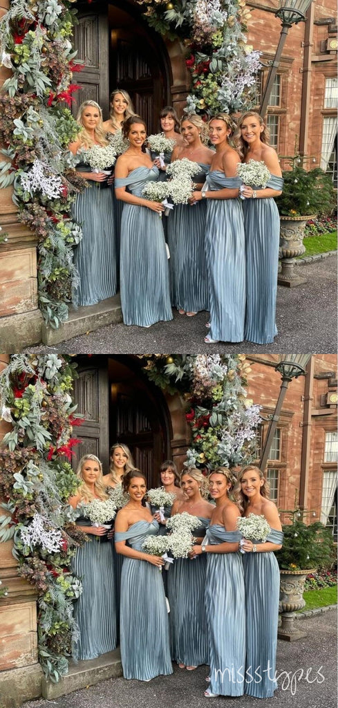 Graceful Blue Off Shoulder A-Line Satin Floor-Length Bridesmaid Dresses Online, BL173